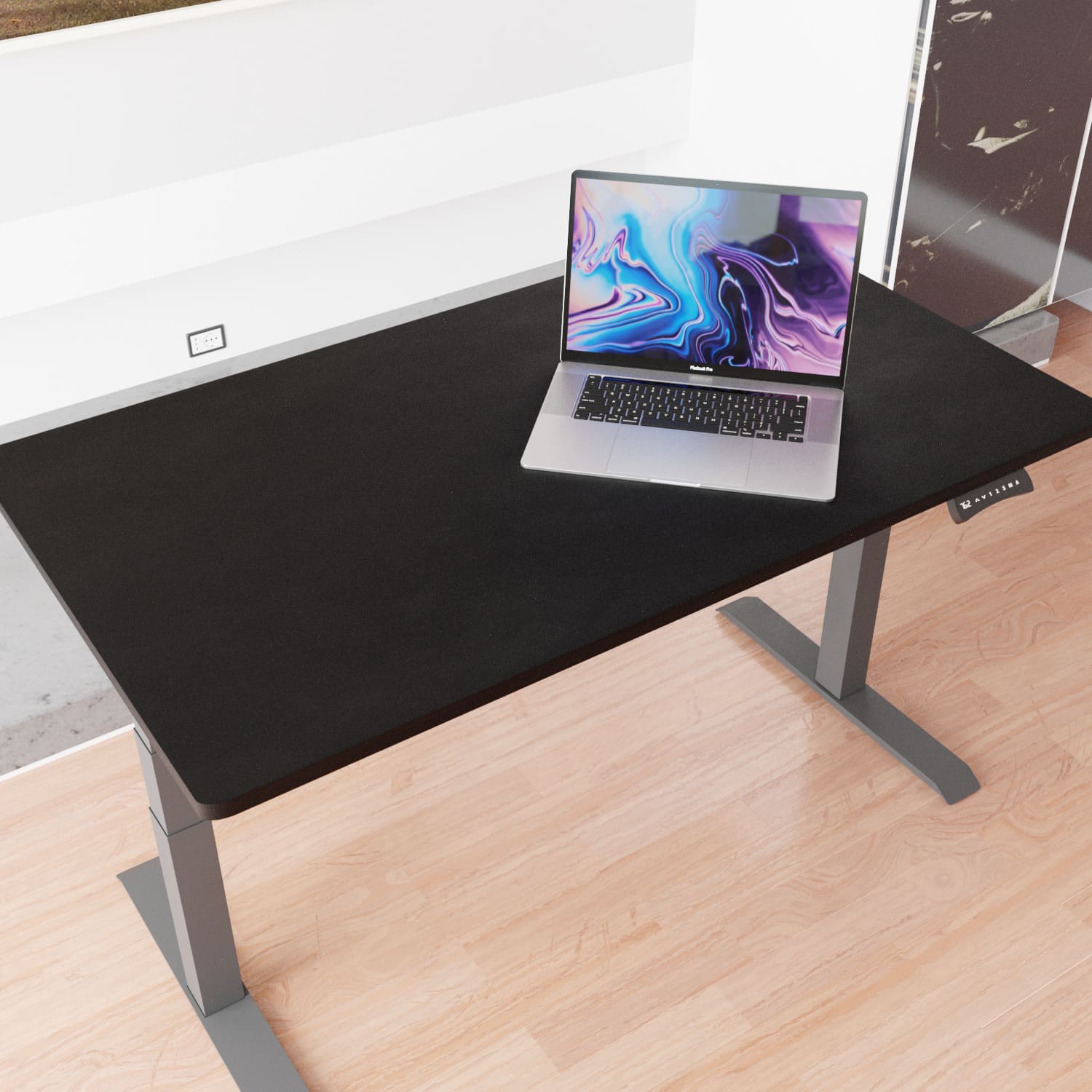 Höhenverstellbarer Schreibtisch JacksProPlus® elektrisch inklusive Schwarz Tischplatte Tischgestell Schwarz Draufsicht