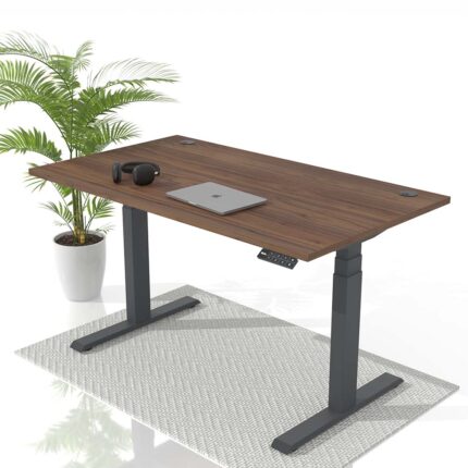 Hoehenverstellbarer Schreibtisch Oled Display mit Anthrazit gestell und nussbaum tischplatte Titelbild