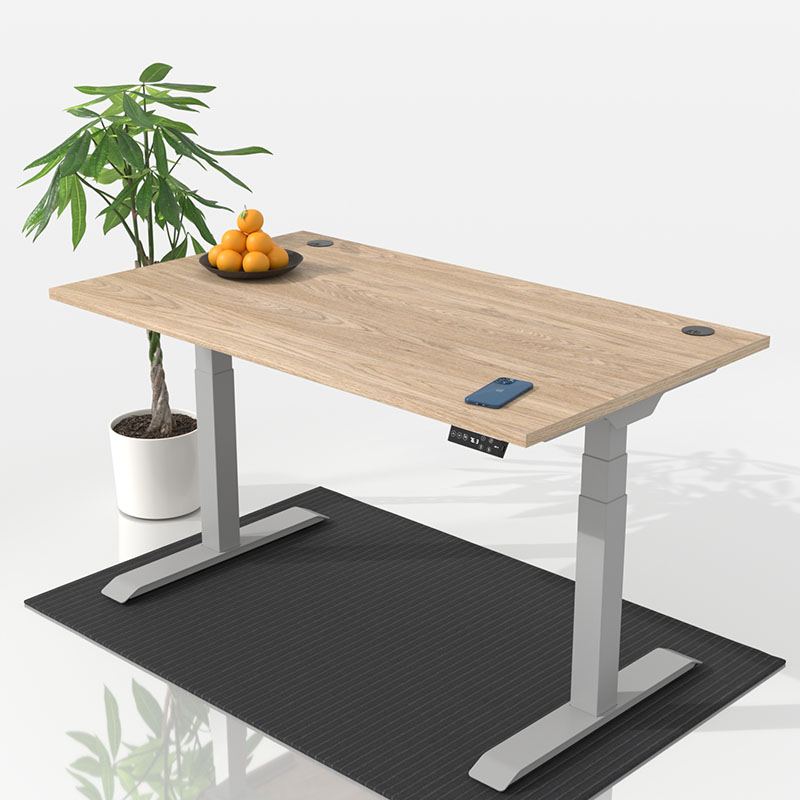 Hoehenverstellbarer Schreibtisch mit Eiche Tischplatte und Weisser Schreibtischgestell 1