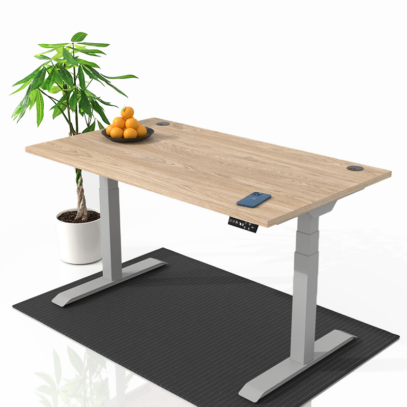 Hoehenverstellbarer Schreibtisch mit Eiche Tischplatte und Weisses Schreibtischgestell