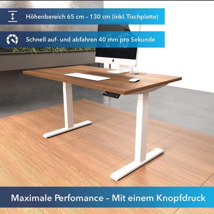 Schreibtisch höhenbereich und schnelligkeitsgrafik-weisses Gestell Nussbaum Tischplatte Pro+