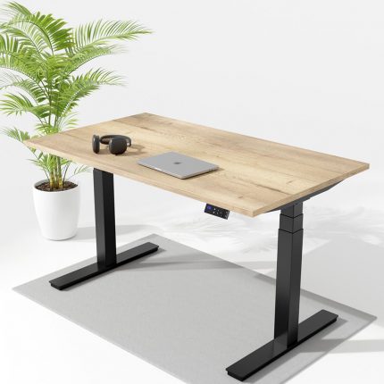 Höhenverstellbarer Schreibtisch Jack Premium LongLife elektrisch mit Eiche Tischplatte Tischgestell in Schwarz auf Teppich mit Zimmerpflanze
