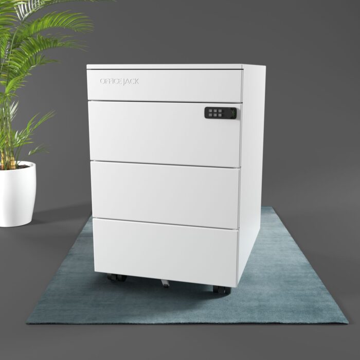 Rollcontainer Weiss elektrisch abschliessbar aus metall Buero Titelbild