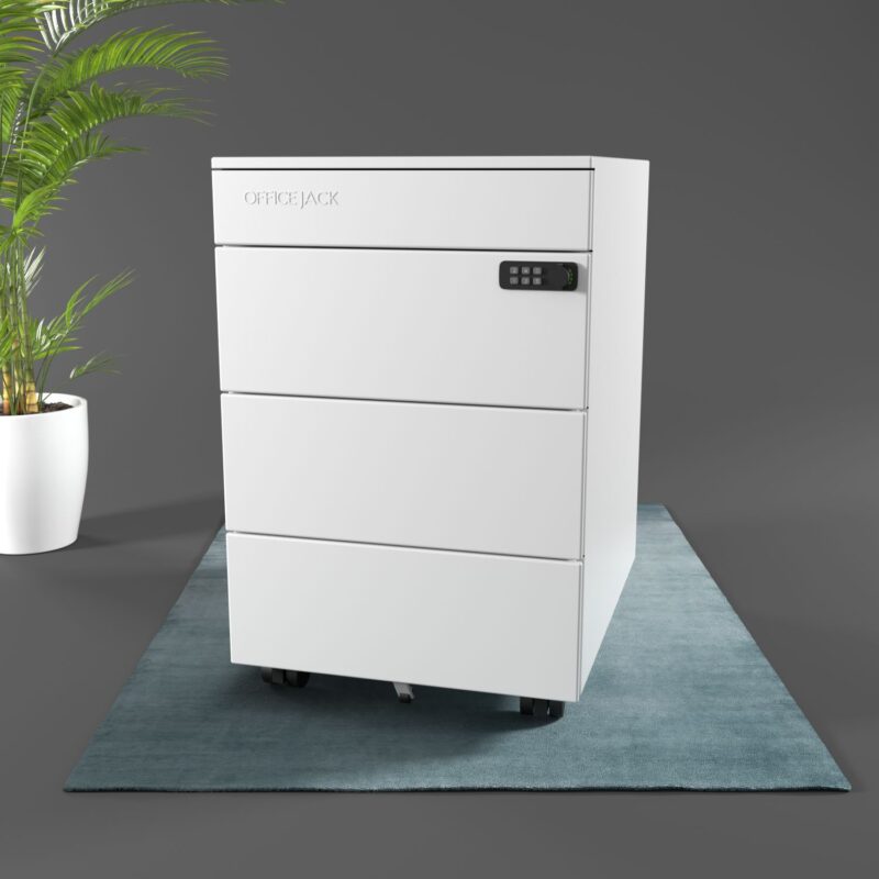 Rollcontainer Weiss elektrisch abschliessbar aus metall Buero Titelbild