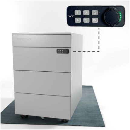Rollcontainer metall mit verschliessbar elektronischem Zahlenschloss fuer buero und Home Office in grau