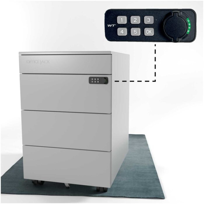 Rollcontainer metall mit verschliessbar elektronischem Zahlenschloss fuer buero und Home Office in grau