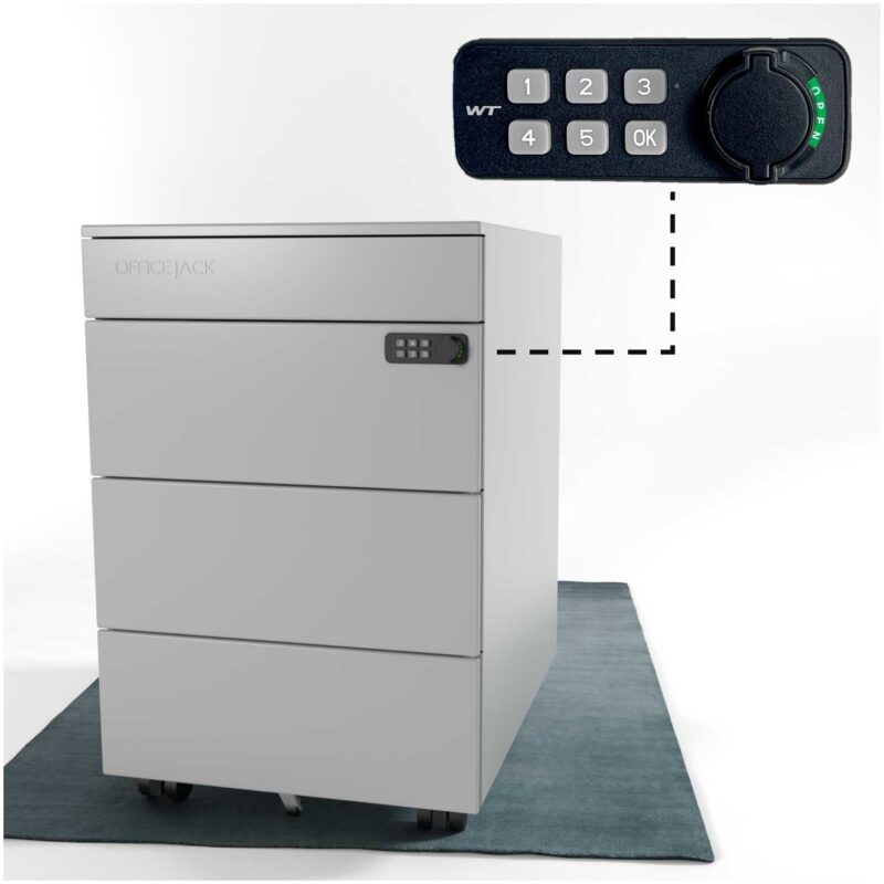Rollcontainer metall mit verschliessbar elektronischem Zahlenschloss fuer buero und Home Office in grau