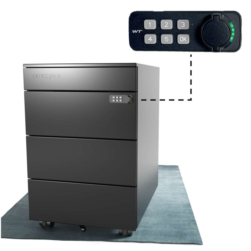 Rollcontainer metall mit verschliessbar elektronischem Zahlenschloss fuer buero und Home Office in schwarz