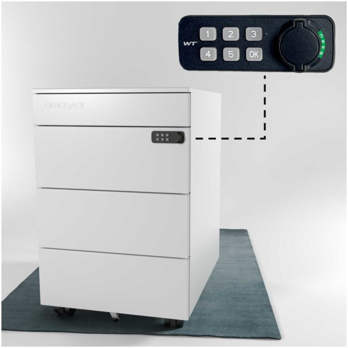 Rollcontainer metall mit verschliessbar elektronischem Zahlenschloss fuer buero und Home Office in weiss