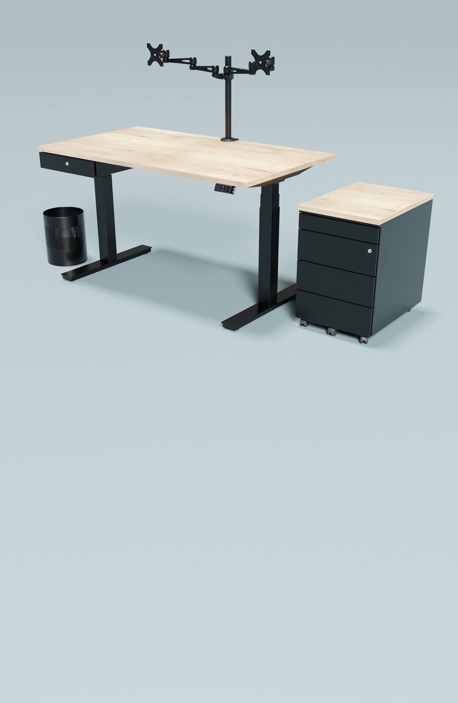 Hoehenverstellbarer Schreibtisch mit Rollcontainer ein Papierkorb und einer Monitorhalterung in Schwarz Mobile