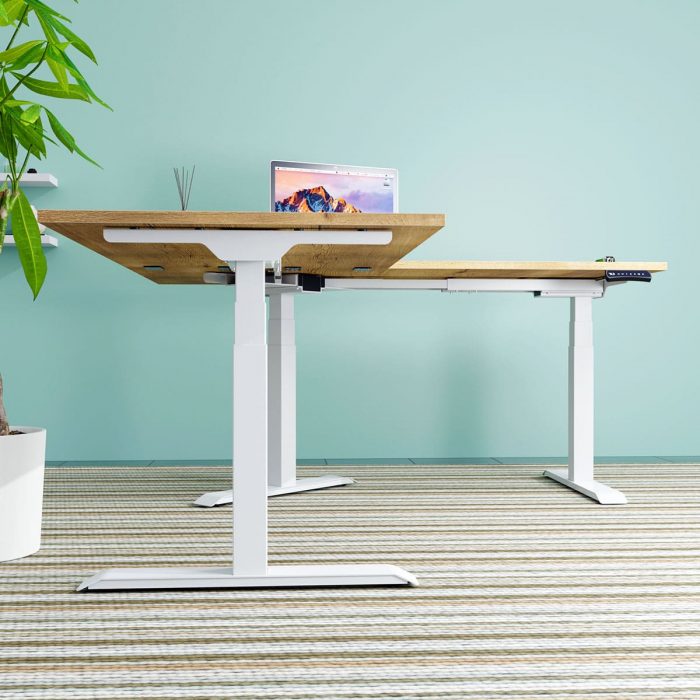 Eck Schreibtisch weiss mit Holz hoehenverstellbar seitliche Ansicht
