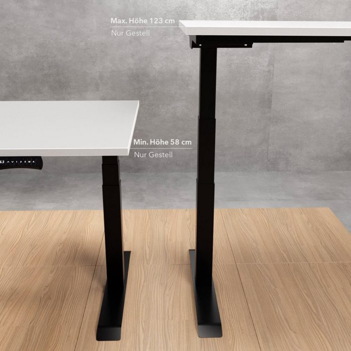 Eck Schreibtischgestell minimale und maximale Hoehe Schwarze Beine Graue Tischplatte