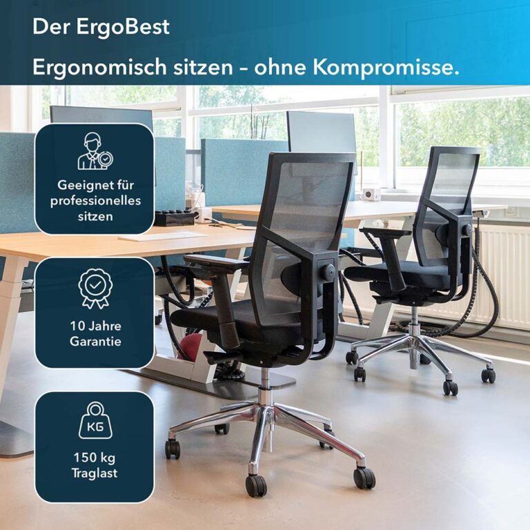 Ergonomischer Bürostuhl mit Aluminium Fusskreuz und 150 Kg belastbarkeit und 10 Jahre Garantie vor einem Schreibtisch