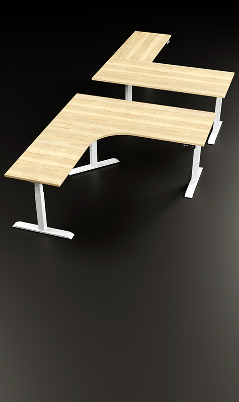 Eckschreibtische höhenverstellbar Eckig und Abgerundet mit schwarzem Hintergrund wiesse Tischgestelle und Halifax Eiche Tischplattendekor - mobil