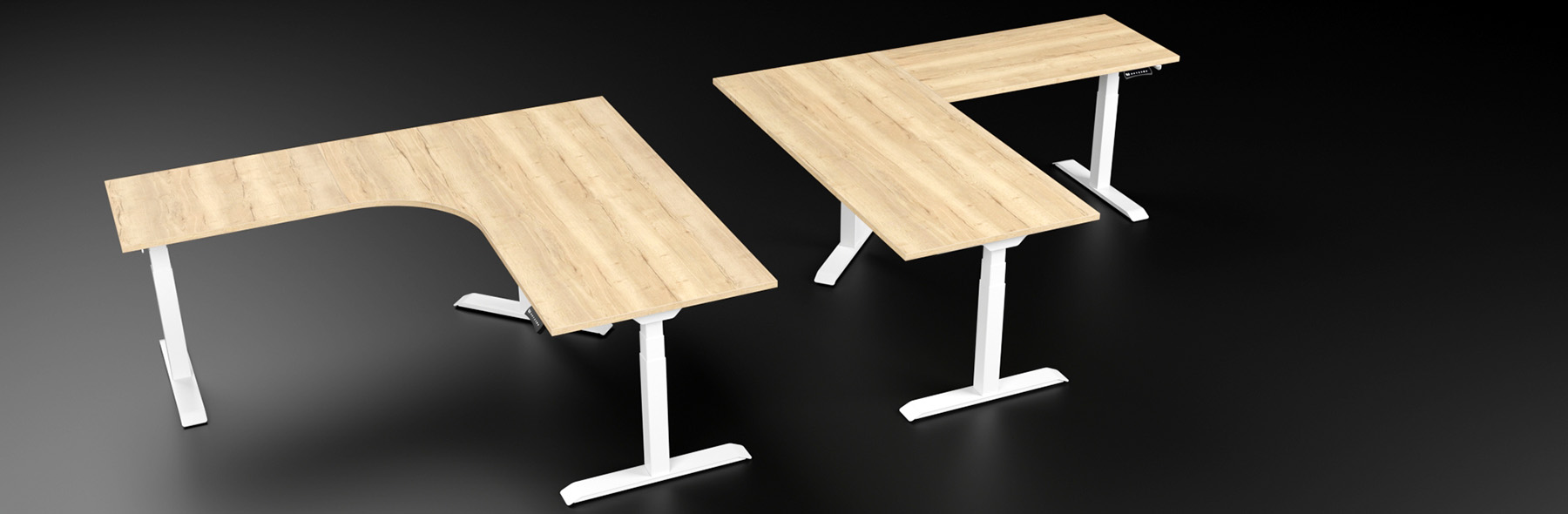 Eckschreibtische höhenverstellbar Eckig und Abgerundet mit schwarzem Hintergrund wiesse Tischgestelle und Halifax Eiche Tischplattendekor