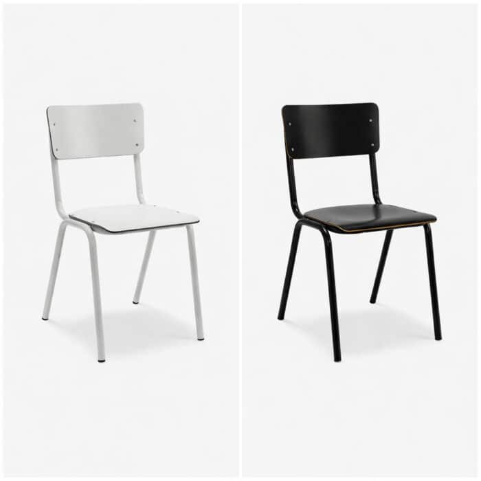 Kantinenstuhl stapelbar aus HPL und Metall schwarz und weiss