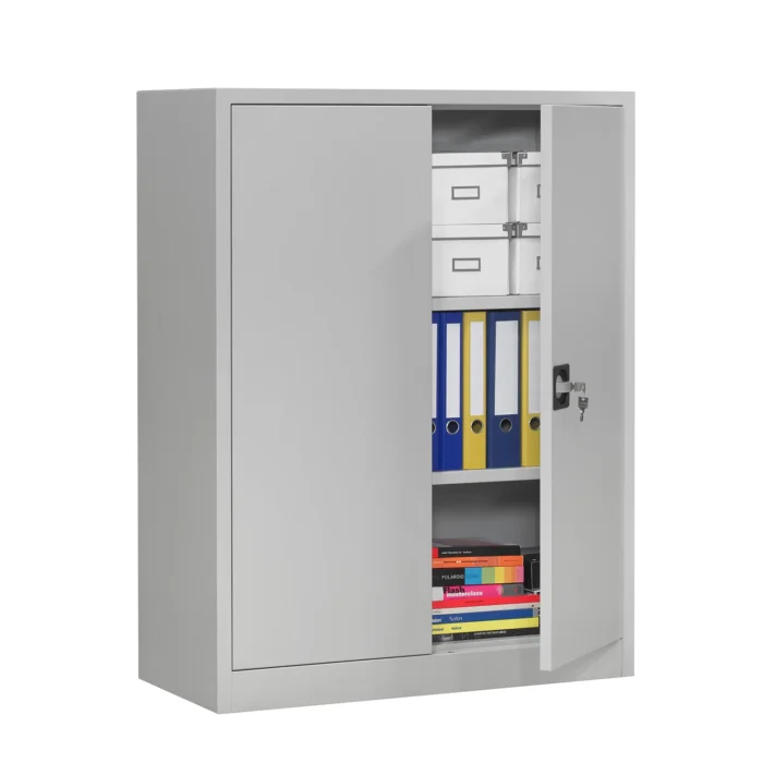 Metallschrank abschließbar, Stahlschrank, Blechschrank Schrank Metall, Grau, Büro, hoch, 3 OH, mit geöffneter Tür