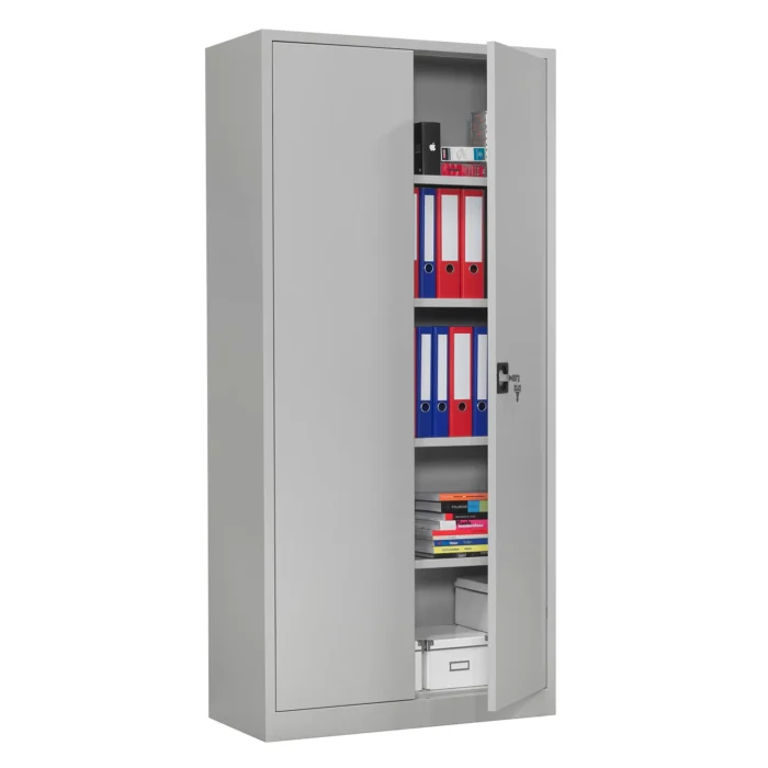 Metallschrank abschließbar, Stahlschrank, Blechschrank Schrank Metall, Grau, Büro, hoch, 5 OH, mit geöffneter Tür
