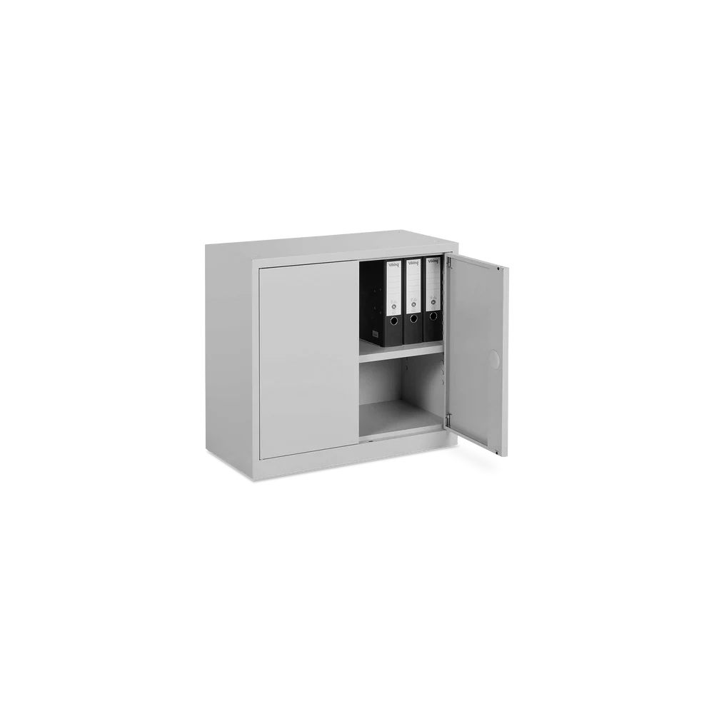 Stahl-Aktenschrank, 2 OH – abschließbar in Lichtgrau offene Tür Stahl-Aktenschrank, 2 OH – abschließbar in Lichtgrau offene Tür