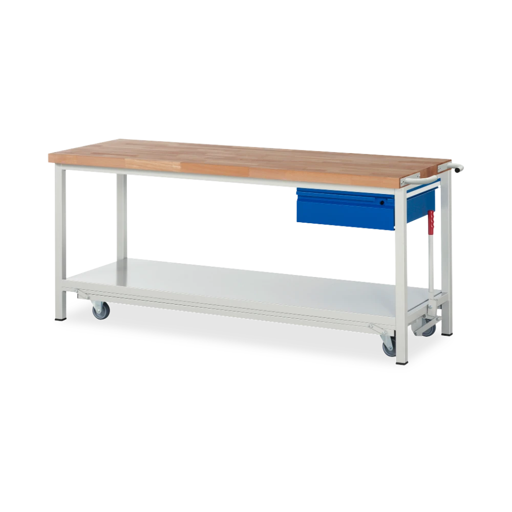 05_8001I6-207B4F.11 Fahrbare Werkbank Basic-8 absenkbar – Ablageboden 1 schublad – Detailansicht