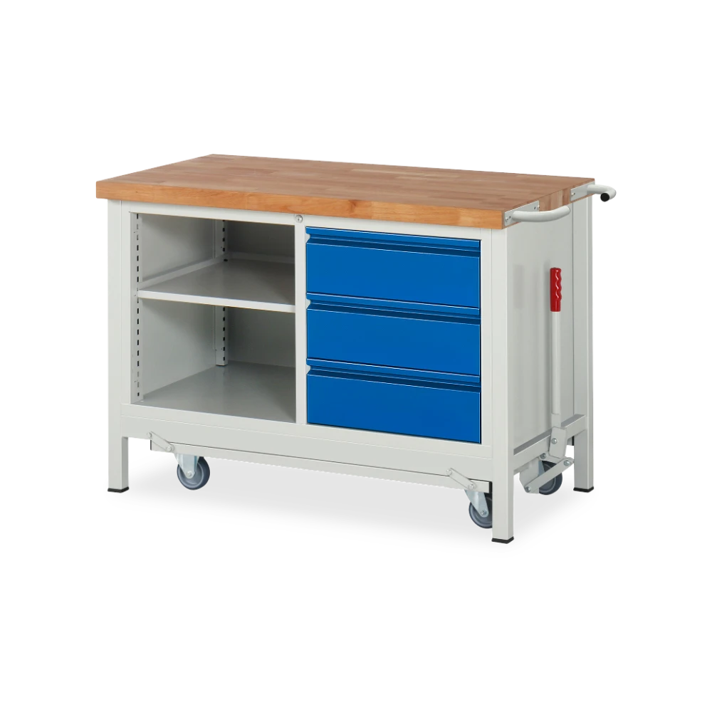 05_8462I2-127B4F.11 Fahrbare Werkbank Basic-8 absenkbar – Fach 3 schubladen (125 – Detailansicht