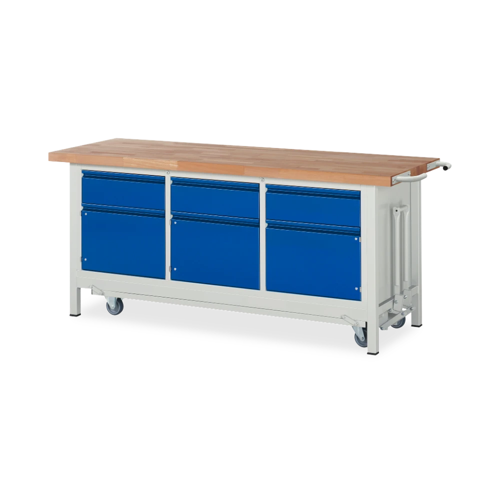 05_8567I2-207B4F.11 Fahrbare Werkbank Basic-8 absenkbar – 3 schubladen 3 tueren – Detailansicht
