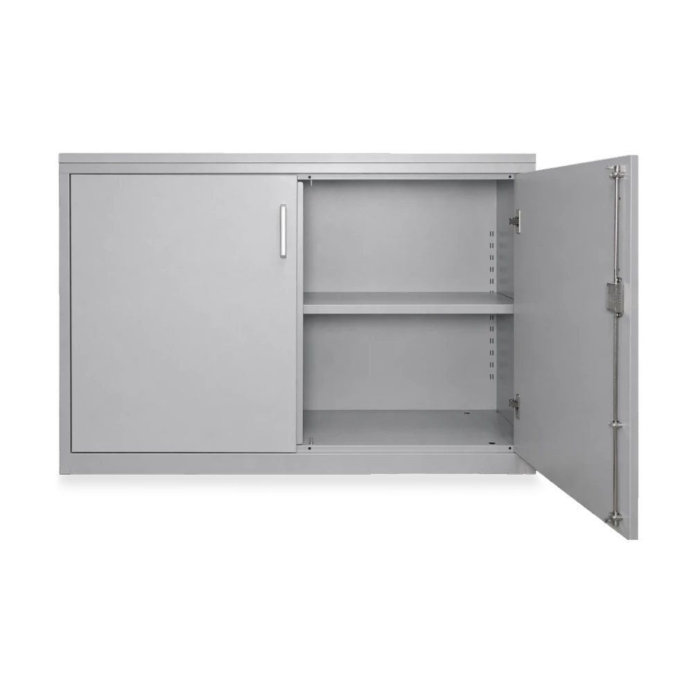 AKTENSCHRANK_HOLZ_METALL_2-OH_7035-GRAU-01 Aktenschrank Stahl-Holz-Kombi – 2 OH mit Holzdekor-Front (12 – Detailansicht
