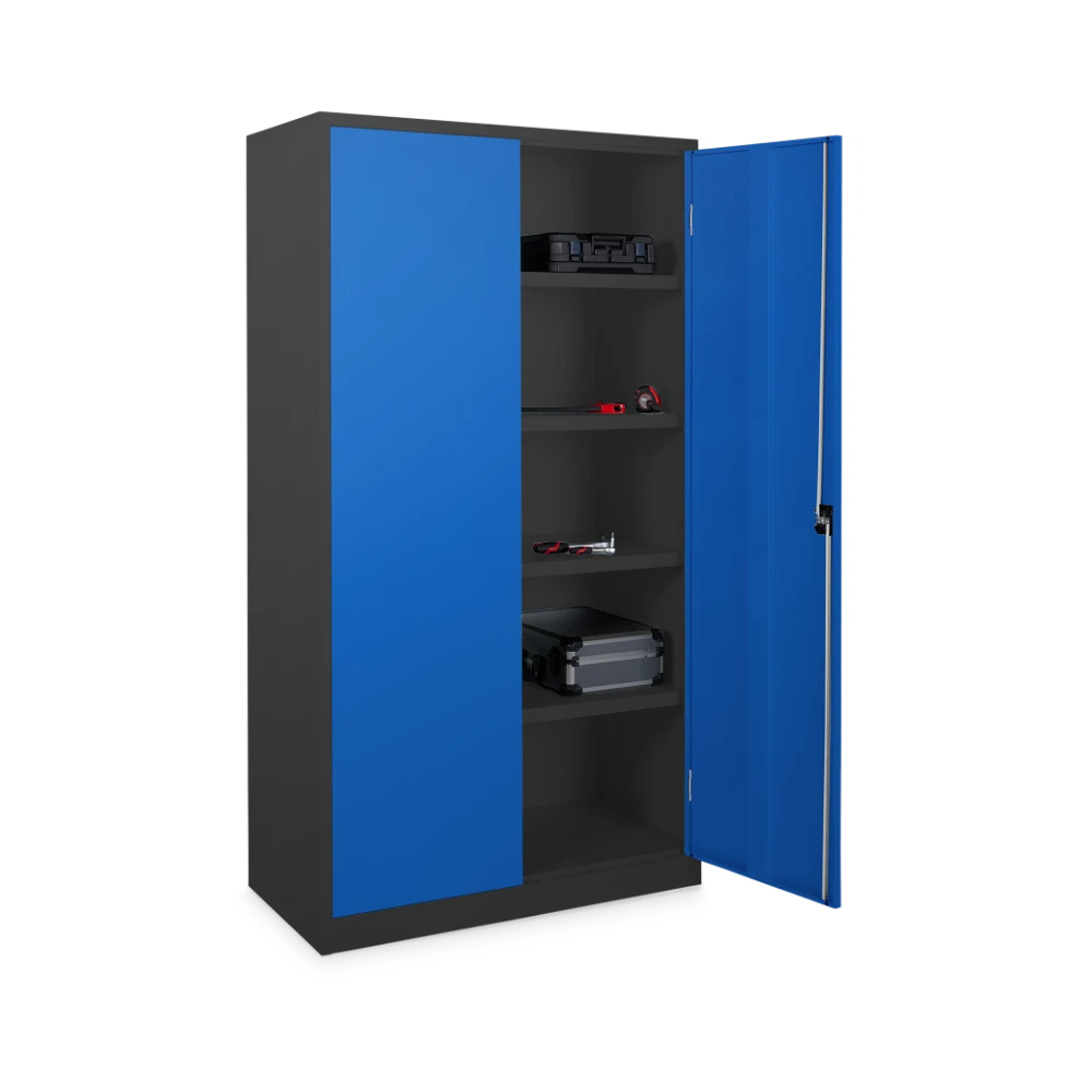 AKTENSCHRANK_STAHL_5-OH_920-BREIT_500-TIEF_OFFEN_9005-5010 Aktenschrank aus Stahl 920 × 500 mm – Tiefschwarz-Edition, 5