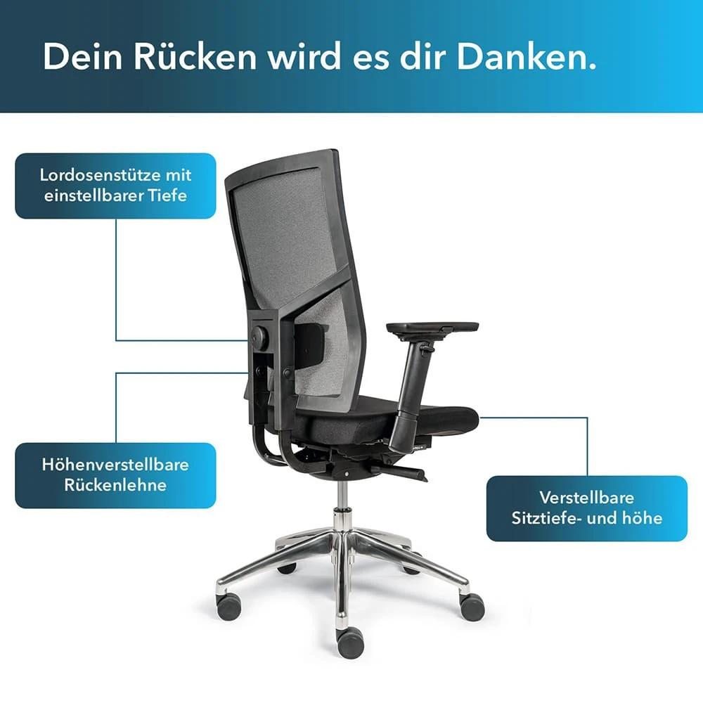 Buerostuhl-ergonomisch-mit-tiefenverstellbare-Lordosenstuetze-hoehenverstellbare-gepolsterte-Rueckenlehne-und-Aluminium-Fusskreuz Ergonomischer Bürostuhl mit Kopfstütze - ErgoBest