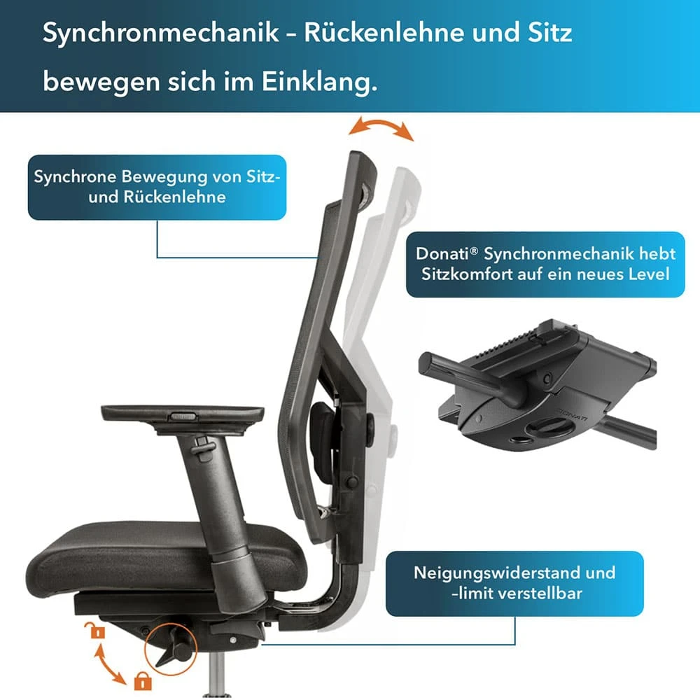 Buerostuhl-mit-Synchronmechanik-in-schwarz-mit-Donati-Mechanik Ergonomischer Bürostuhl mit Kopfstütze - ErgoBest