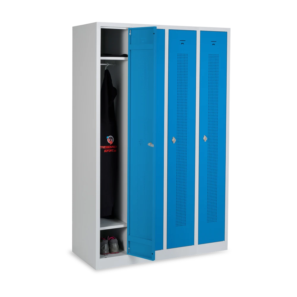 DESIGN-REIHENSPIND_300er_4-ABTEILE_OFFEN_7035-5015 Design-Umkleidespind mit Lochreihen – 4 Abteile (1185 × 500 – Detailansicht