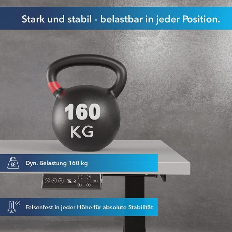 Darstellung-Buerotisch-Pro-mit-extremer-dynamische-Tragkraft-von-160-Kg Elektrisch Höhenverstellbarer Bürotisch elektrisch "Pro" - C