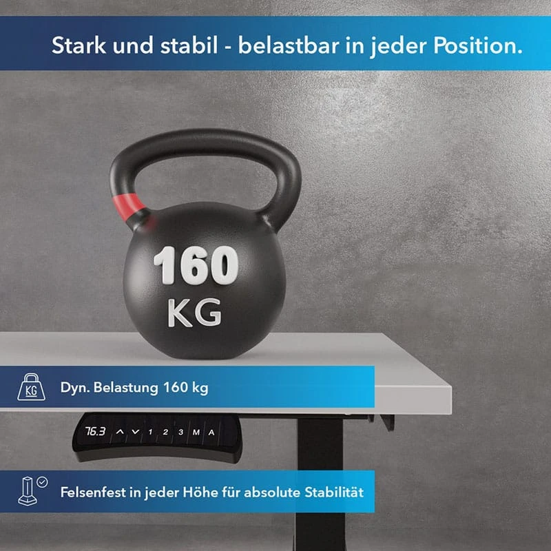 Darstellung-Schreibtisch-Advance-mit-extremer-dynamische-Tragkraft-von-160-Kg Elektrischer Schreibtisch Höhenverstellbar für Büro und Home