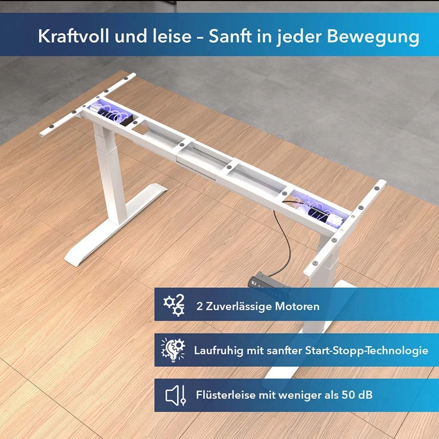 Dieses-hoehenverstellbare-Tischgestell-bietet-2-zuverlaessige-Motoren-eine-sanfte-Start-Stopp-Technologie-und-einen-fluesterleisen-Betrieb-mit-weniger-als-50-dB Elektrischer Schreibtisch Höhenverstellbar für Büro und Home