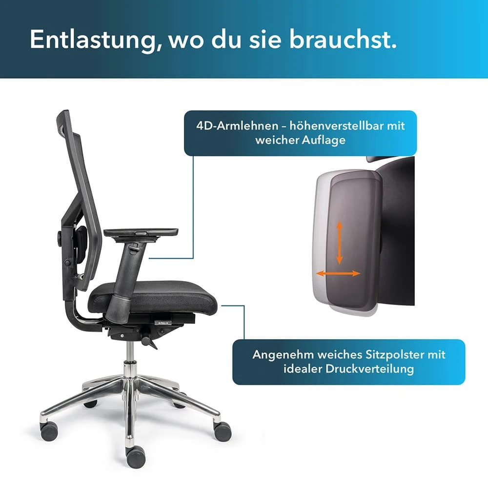 Ergonomischer-Buerostuhl-mit-4D-Armlehnen-hoehen-breiten-und-tiefenverstellbar-schwarzer-polsterung-seitliche-Ansicht Ergonomischer Bürostuhl mit Kopfstütze - ErgoBest
