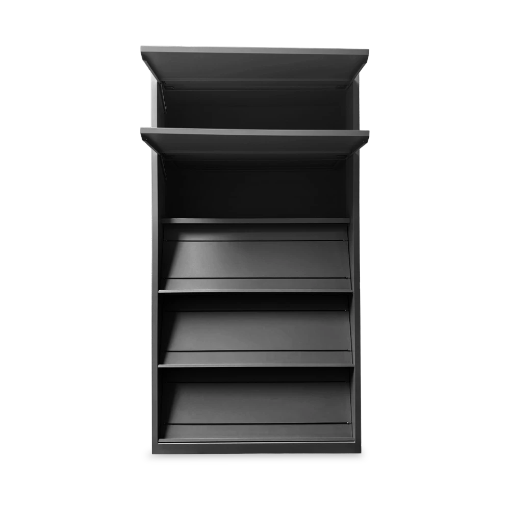 PROSPEKTSCHRANK_N_VAR-03_9005 Prospektschrank mit 5 Schrägfachböden (1000 × 420 × 1950 mm) – Detailansicht
