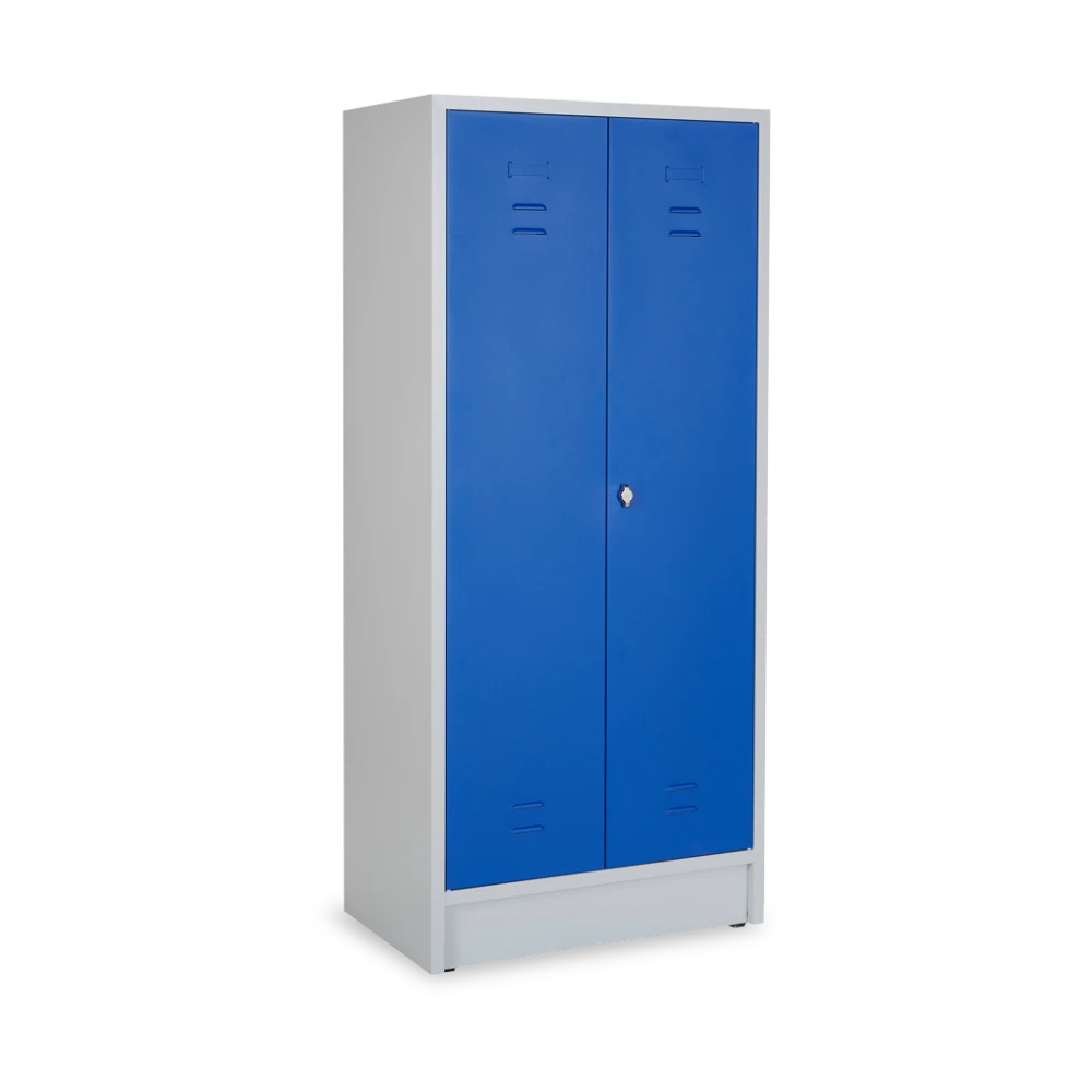STAHLSPIND_SW-TRENNUNG_800-BREIT_1-DR_3-FB_GESCHLOSSEN_7035-5010 Stahl-Kleiderwäschespind 800 mm – 3 Fachböden, Drehriegel (8 – Detailansicht