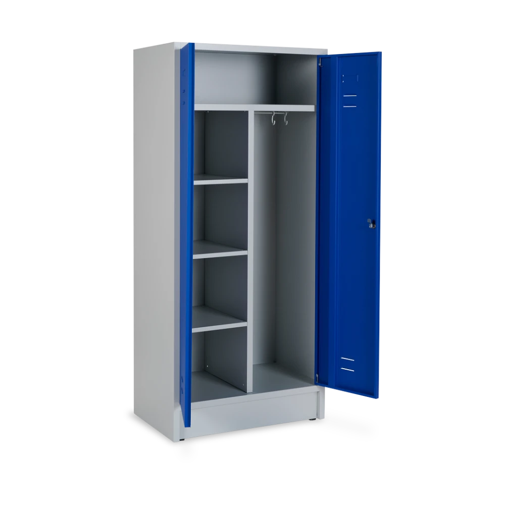 STAHLSPIND_SW-TRENNUNG_800-BREIT_1-DR_3-FB_OFFEN_7035-5010 Stahl-Kleiderwäschespind 800 mm – 3 Fachböden, Drehriegel (8 – Detailansicht