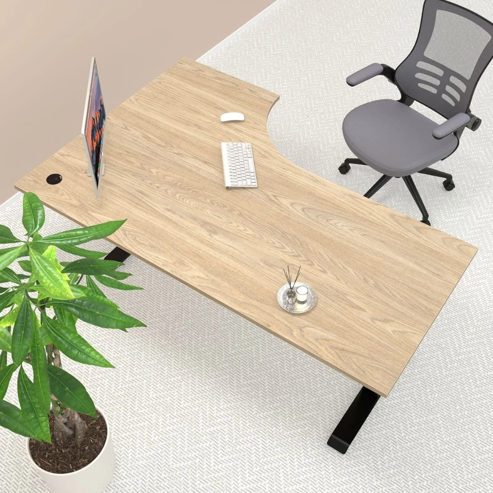 Schreibtisch-hoehenverstellbar-elektrisch-mit-Natur-eiche-TIschplatte-draufblick-TItelbild Elektrischer Schreibtisch Höhenverstellbar für Büro und Home