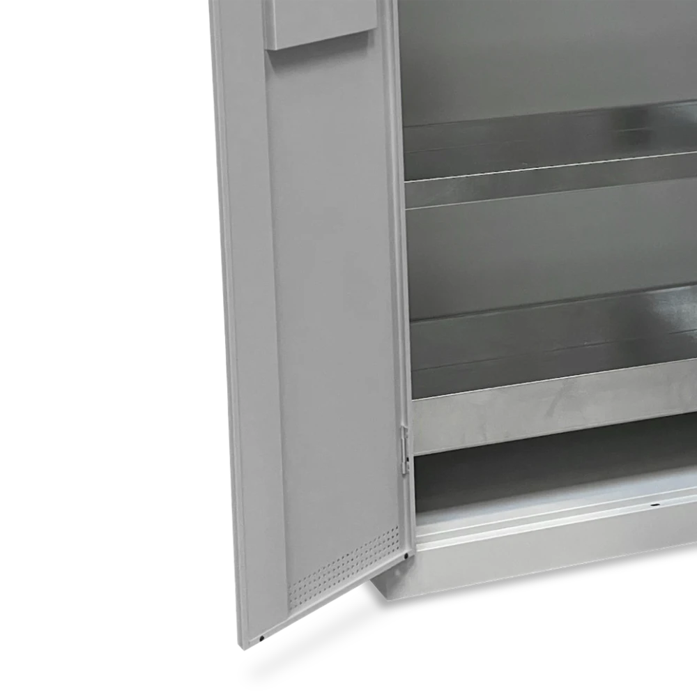 UMWELTSCHRANK_1-TUeREN_OFFEN_WANNEN-01_GRAU Umweltschrank 500 mm mit 4 Wannen (500 × 500 × 1950 mm) – Detailansicht