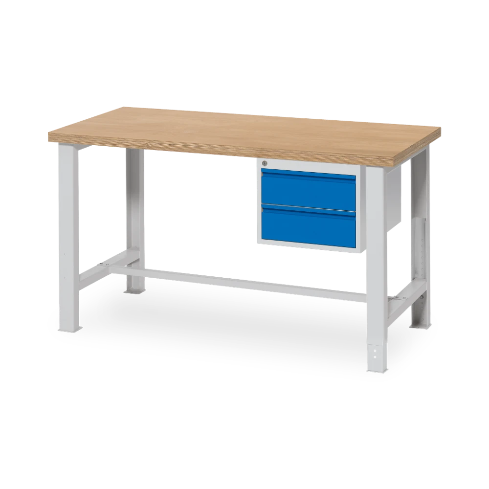 WERKBANK_CEHA_VERSTELLBAR_QUER_2-SCHUBLADE_7035-5010 Werkbank Budget Star höhenverstellbar – 2000 mm (RAL 5010–RA – Detailansicht