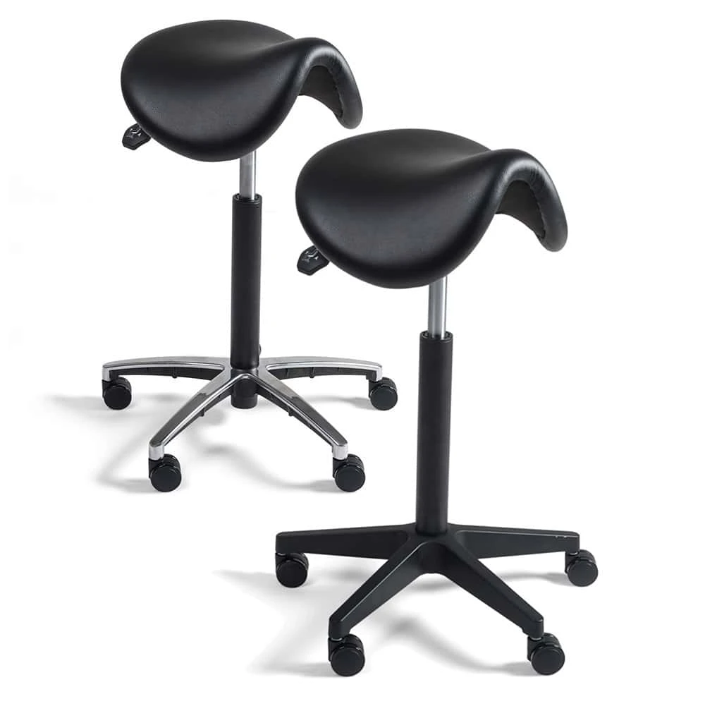 Zwei-Breite-Arbeitshocker-Sattelhocker-ergonomisch-Kunstleder-PVC-mit-Aluminium-und-Kunststoff-Fusskreuz-hoehenverstellbar-Titel Sattelhocker, Arbeitshocker, Breit, Premium-Kunstleder, Höhe