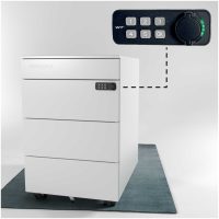 Rollcontainer metall mit verschliessbar elektronischem Zahlenschloss fuer buero und Home Office in weiss